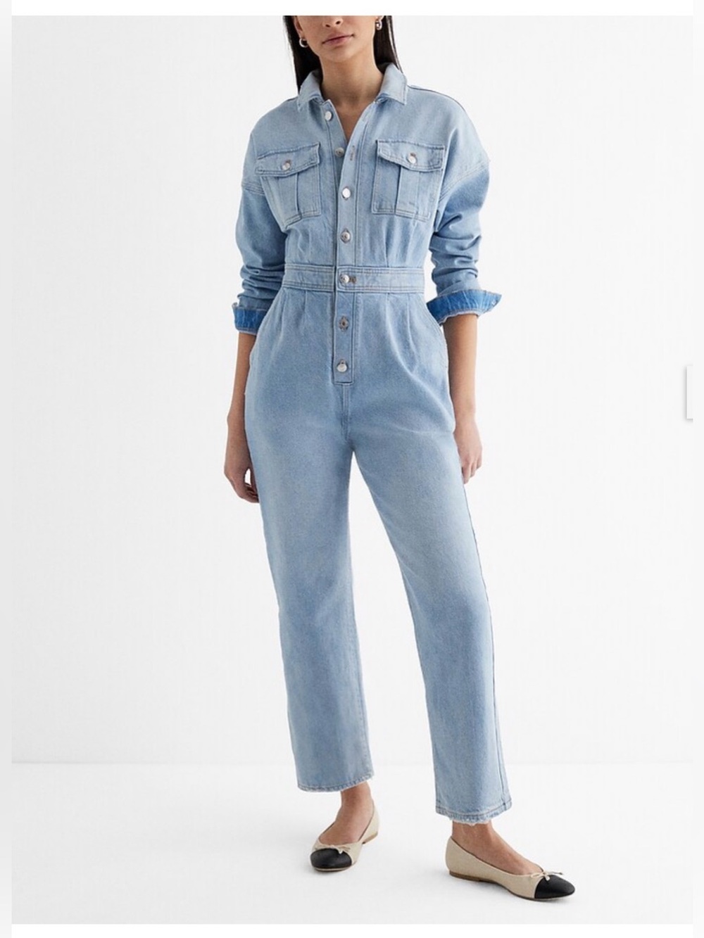 Express Denim Relaxed Ankle Straight Leg Jumpsuit Light Wash XS